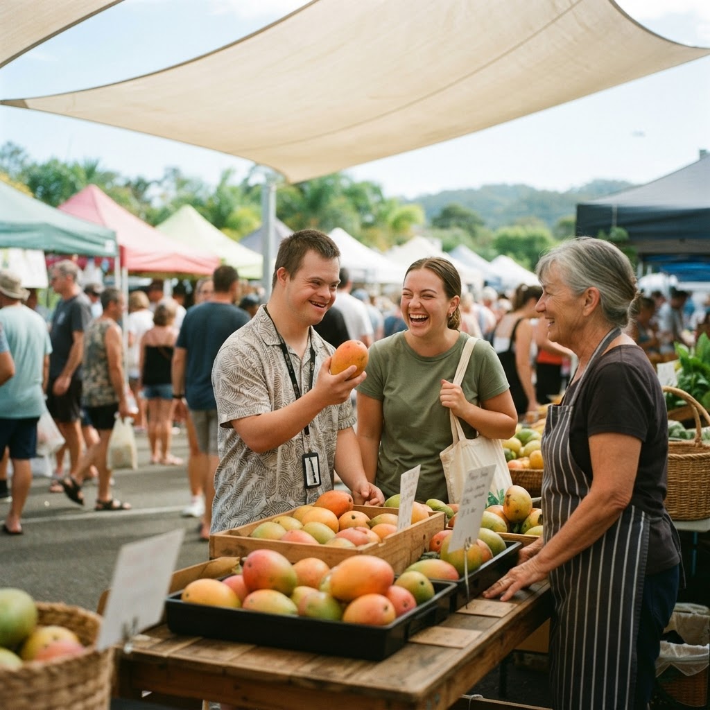Two friends laughing together at a market