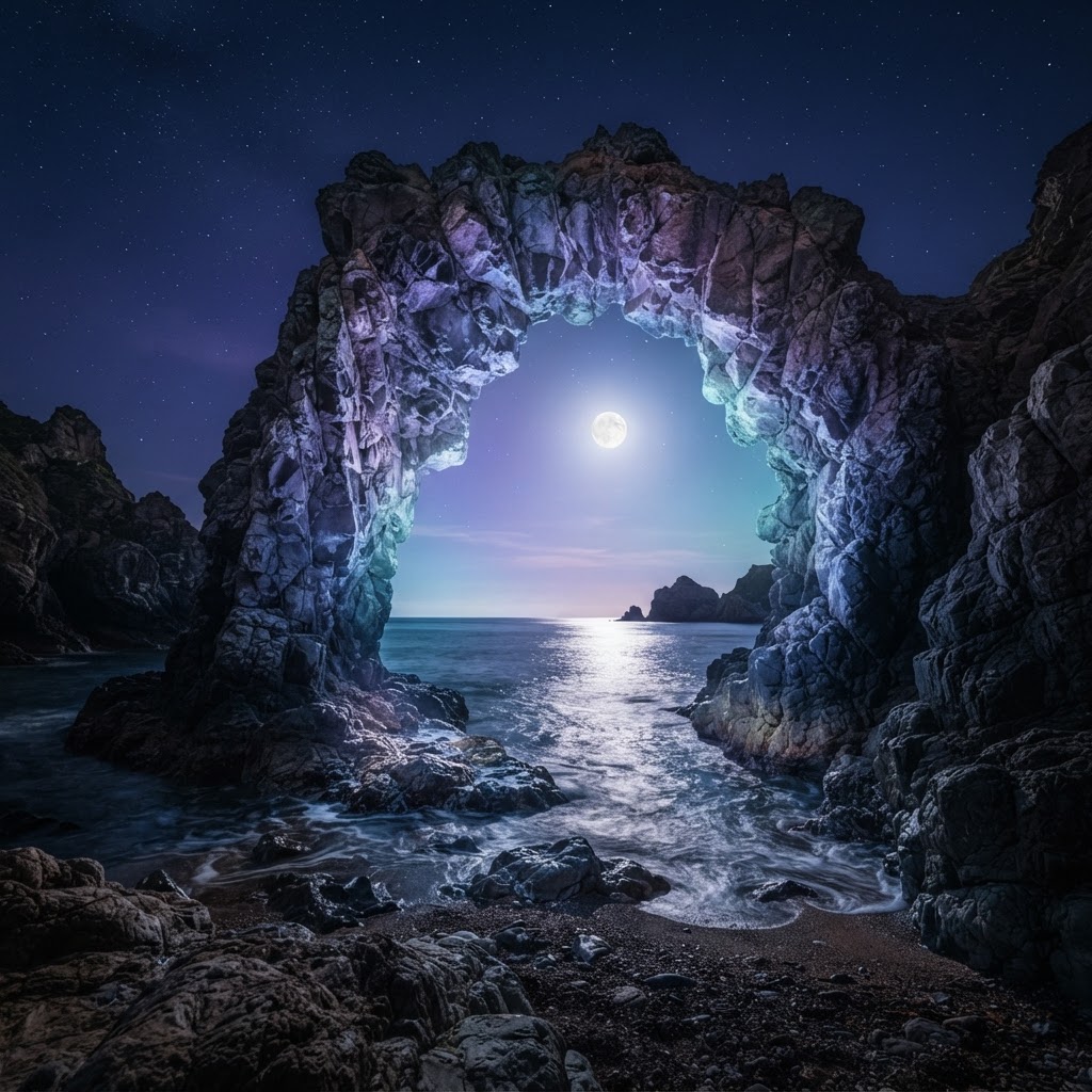 Portal de pedra à luz da lua