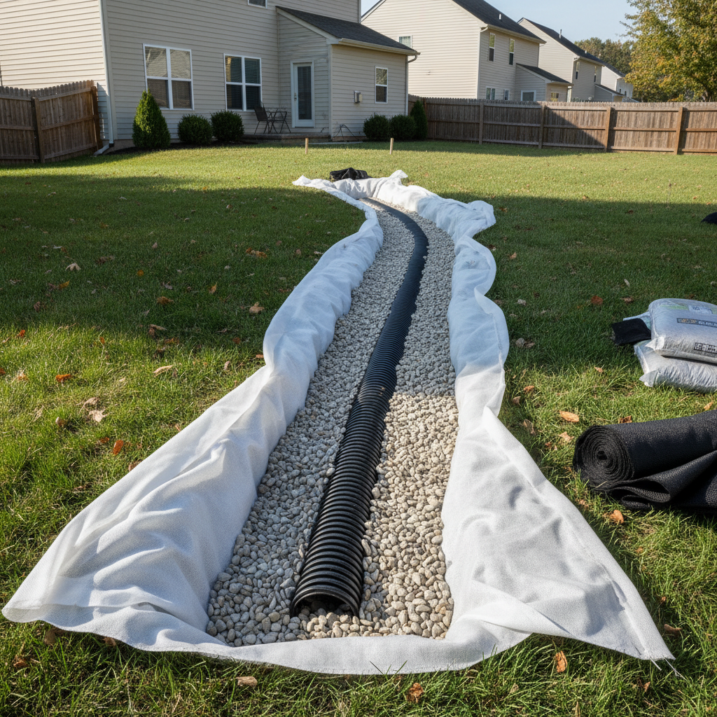 French drain perforated pipe being installed