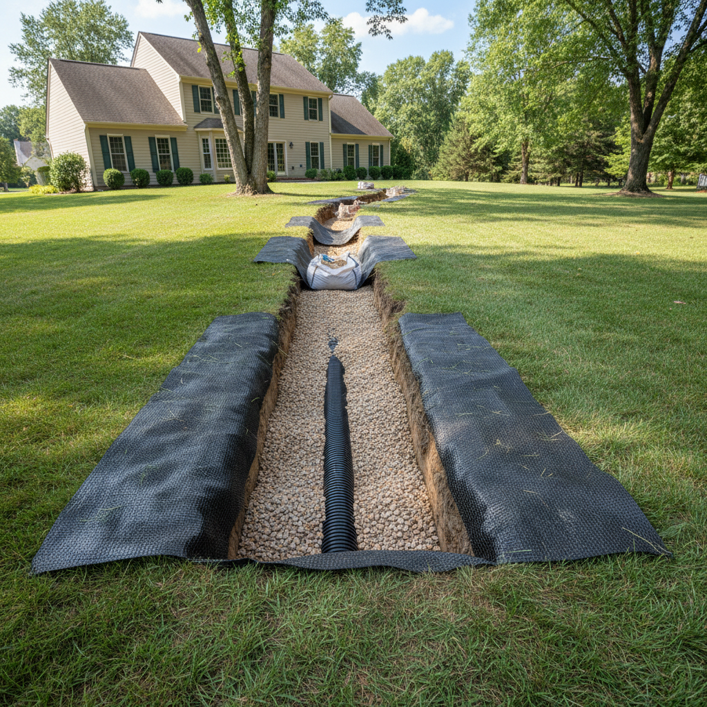 French drain installation in residential yard