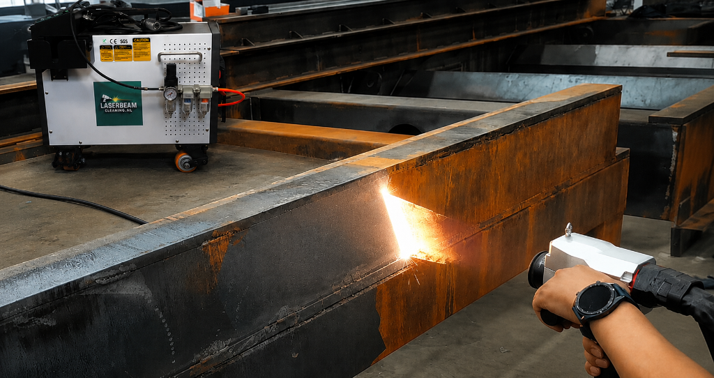 Laserreiniging van een roestige stalen balk in een industriële werkplaats