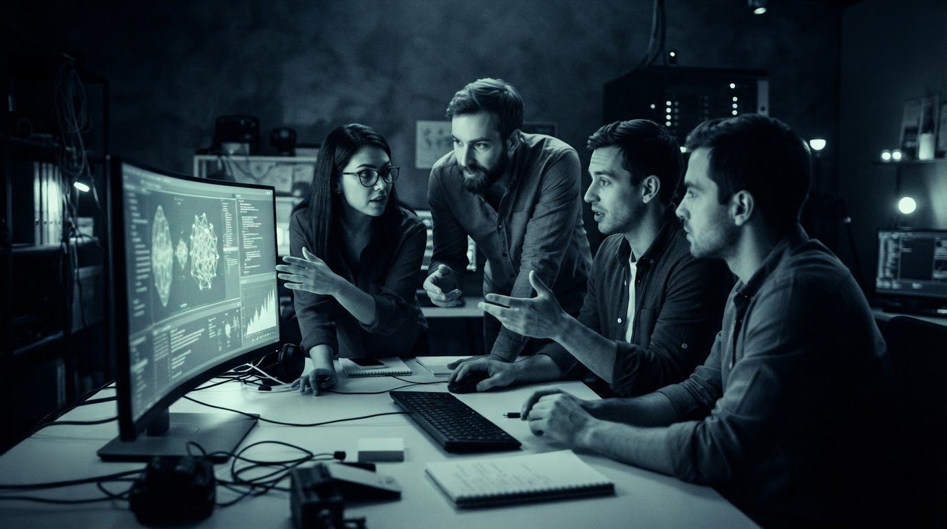 Team collaborating around a workstation