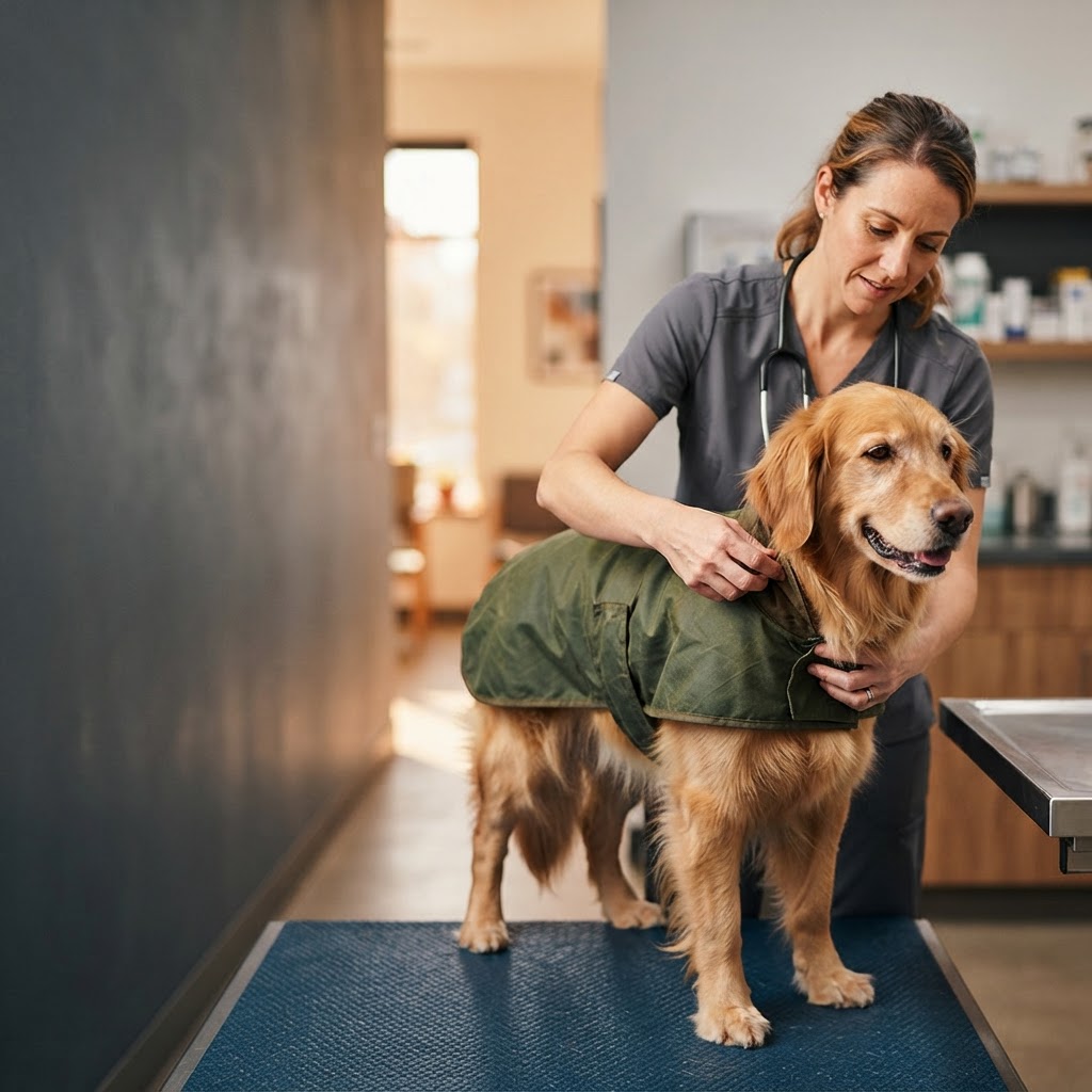 Dog wearing a smart jacket with an NFC chip sewn into the fabric at a veterinary clinic