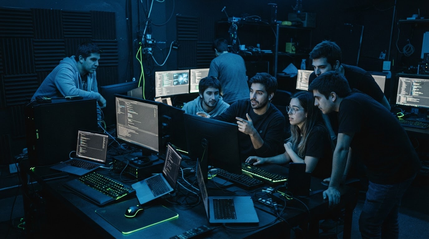 Argentina-based engineers collaborating around workstations