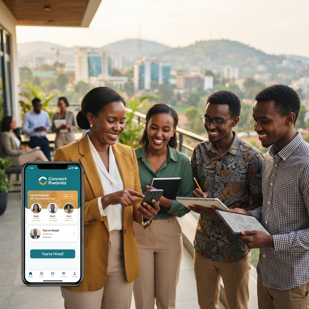 African smart employer with three young Rwandan hires connected through the Jamii-Job app