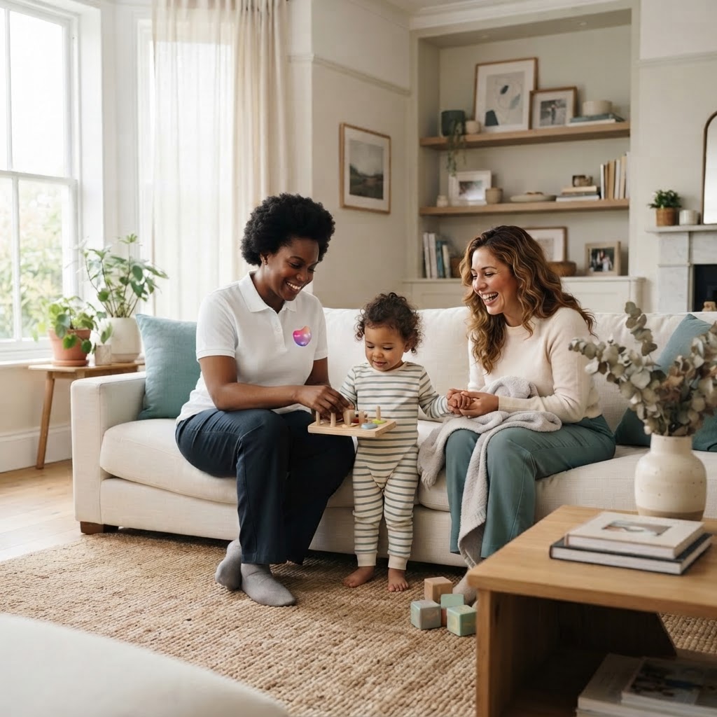 A qualified MyWoosah provider and parent caring for a child together in the family home