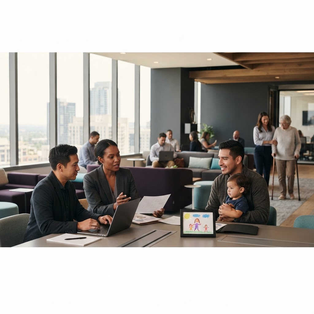 Working parents and caregivers collaborating in a modern workplace