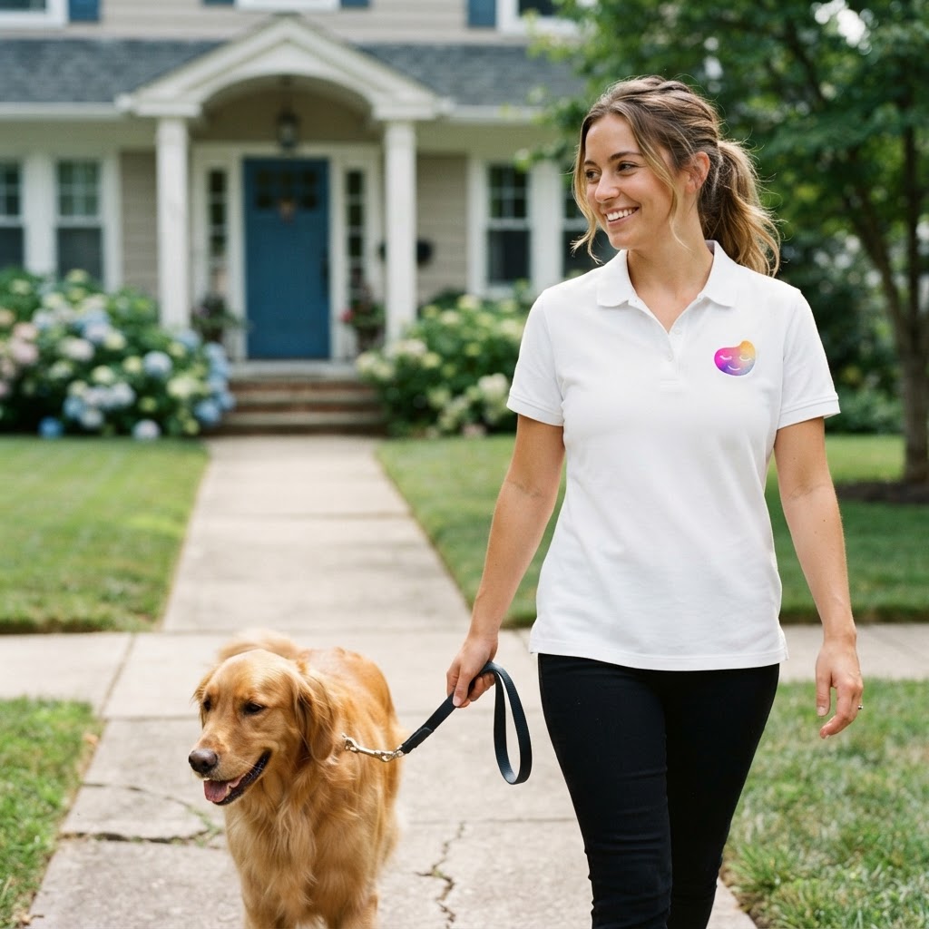 MyWoosah pet-care caregiver walking a dog in a neighborhood