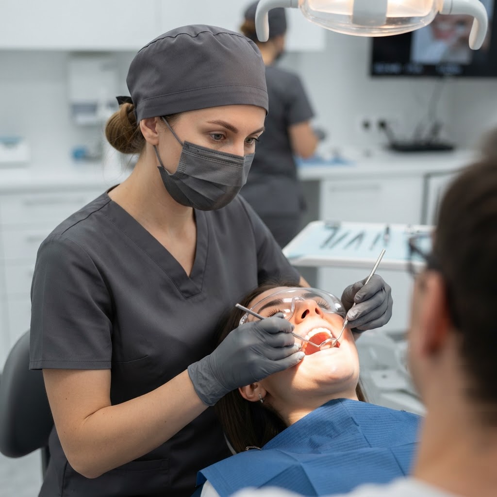 A close up of a dentist working on a patient's teeth