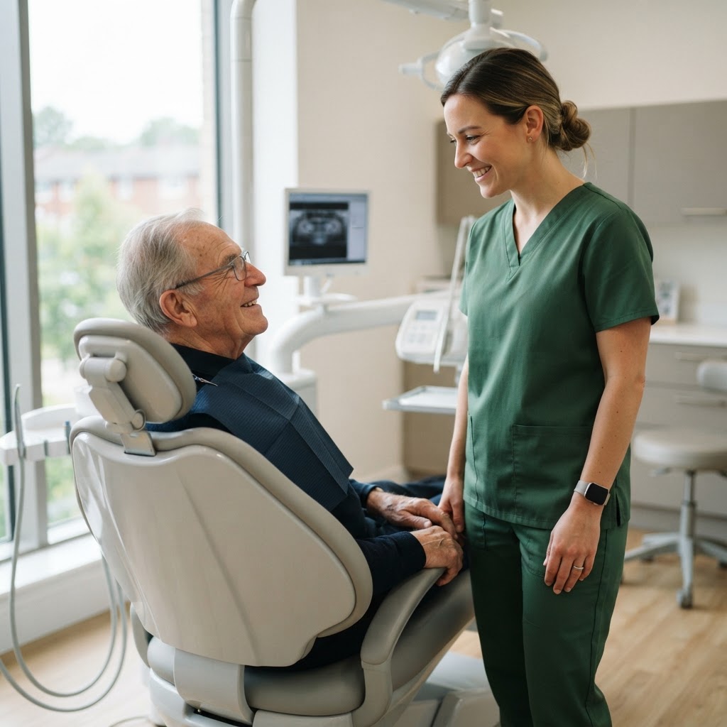 An elderly patient and their dentist smiling at each other