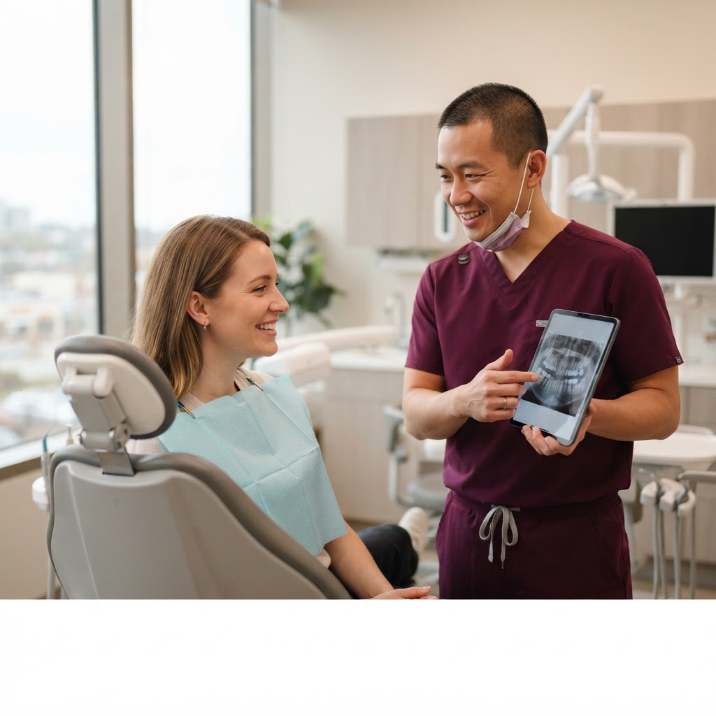 A patient smiling while being shown their dental x-ray