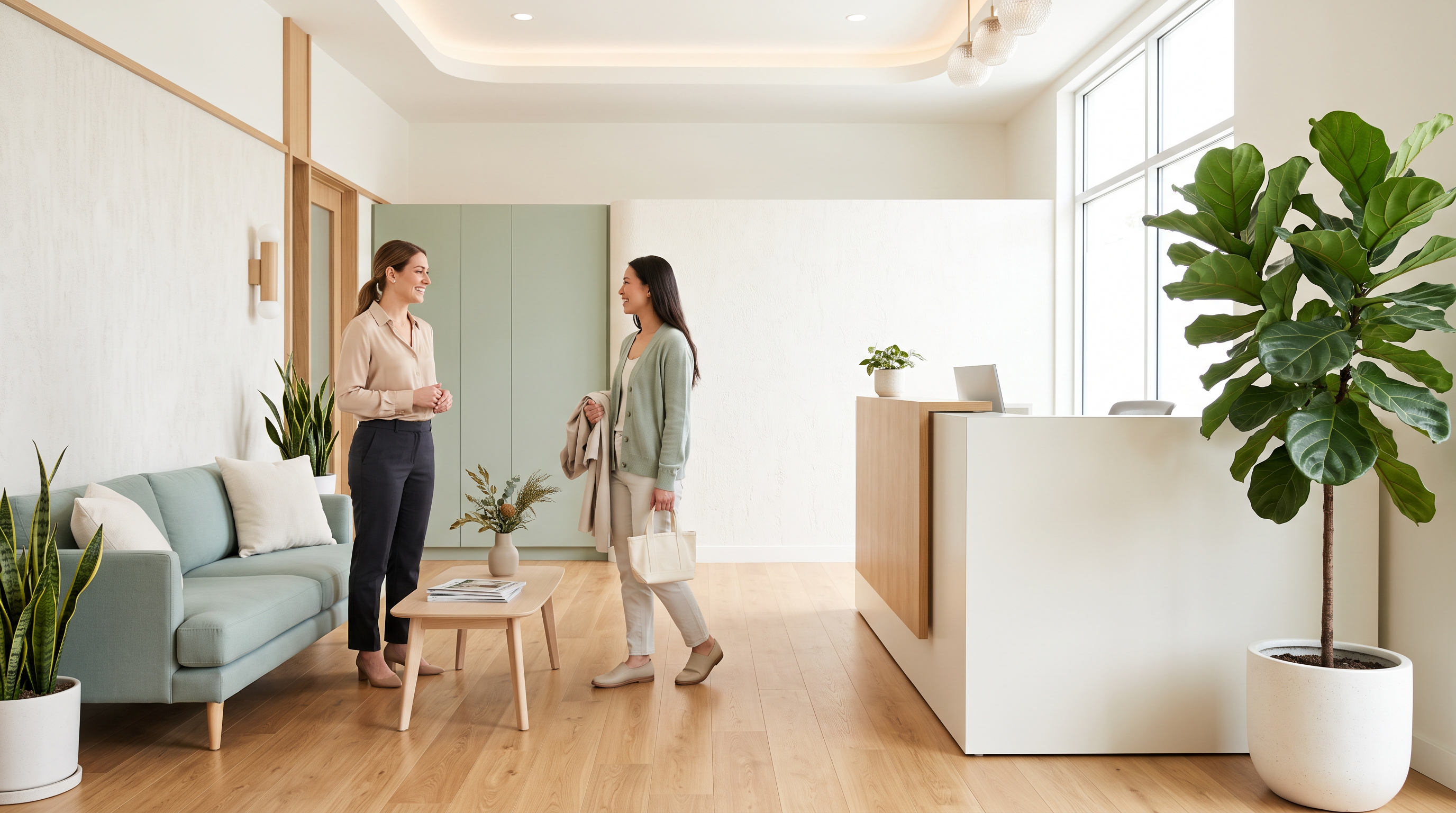 A patient being welcomed at a modern dental practice reception