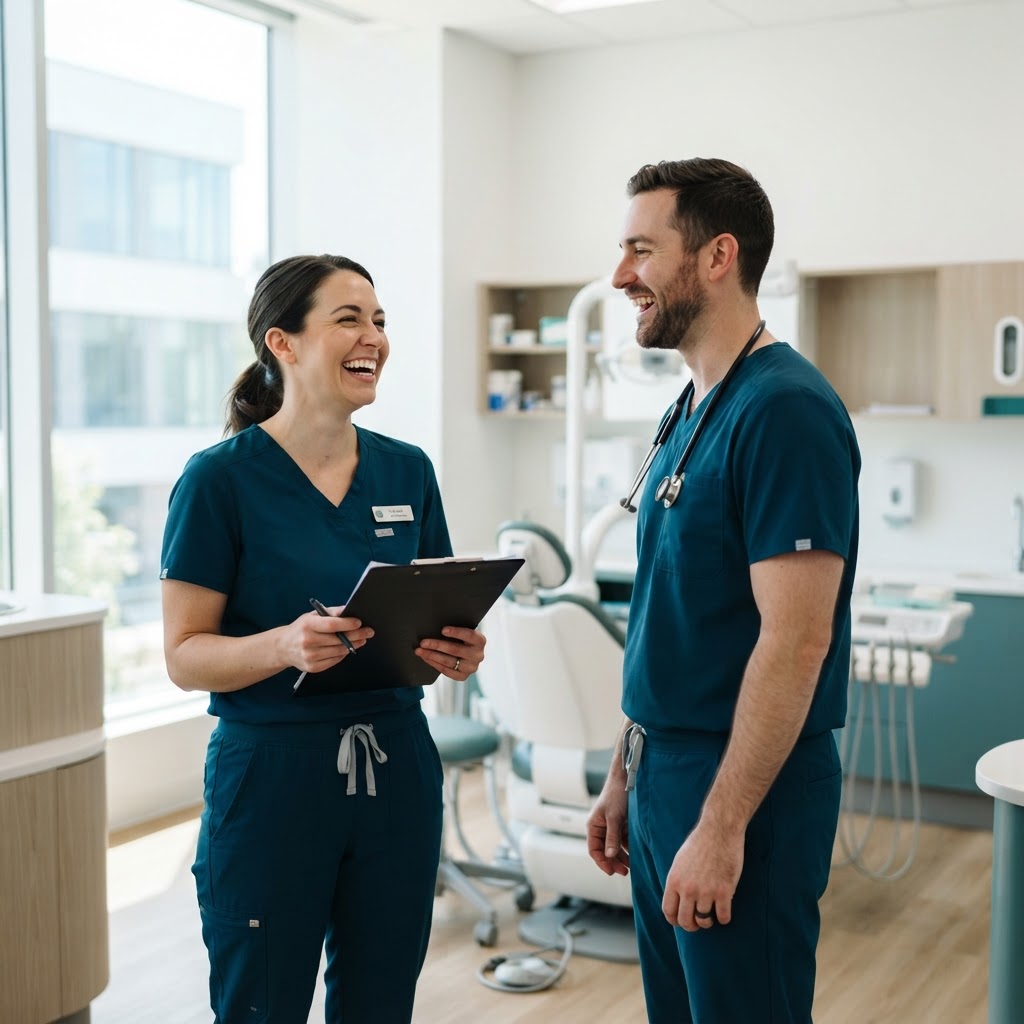 Two dentists laughing together between appointments
