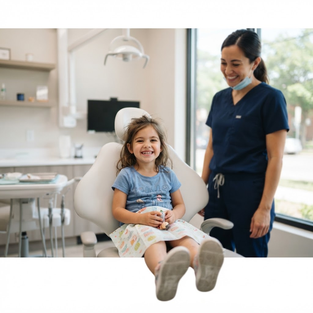 A child smiling in the dental chair