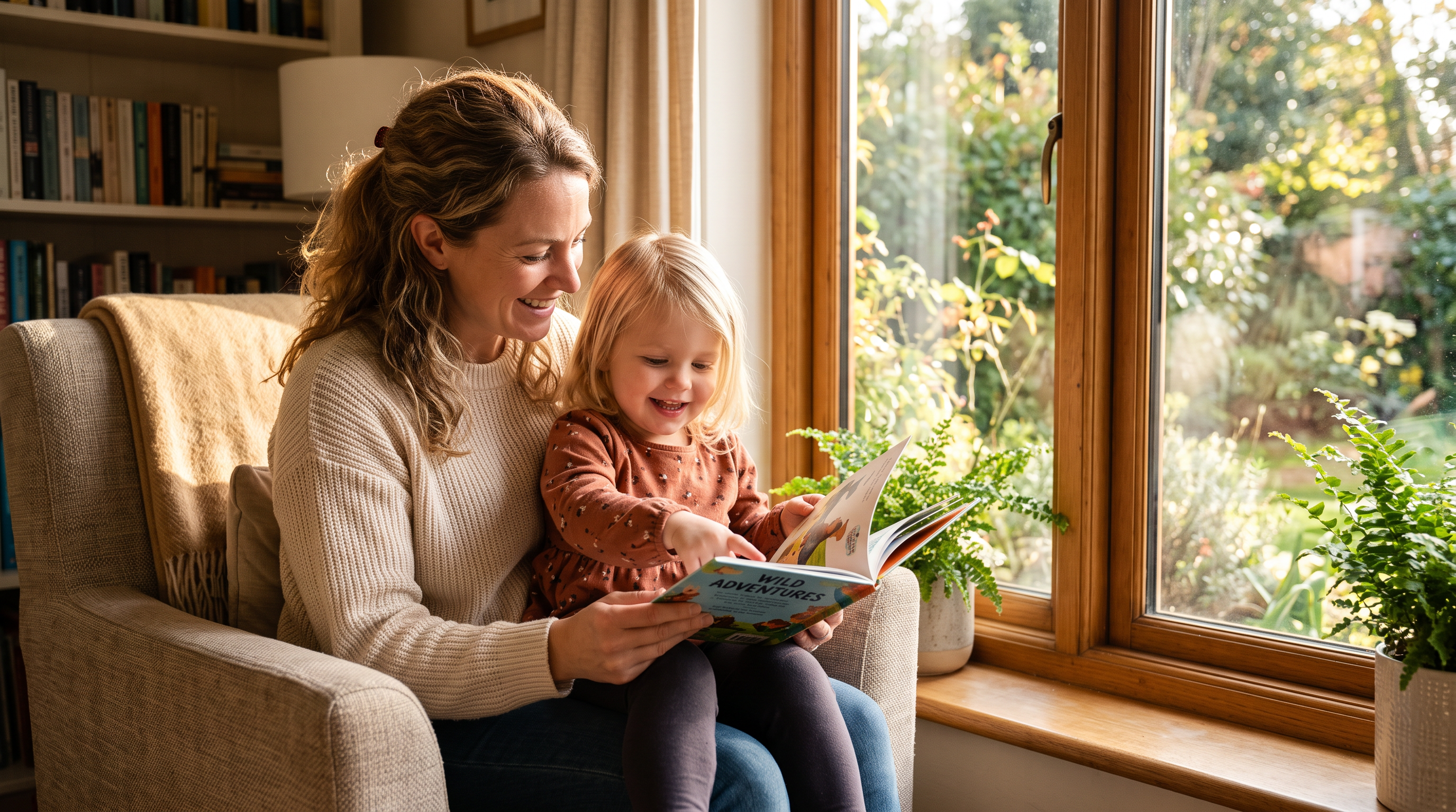 A mother and child sharing a book by a sunlit window, symbolizing dignity, hope and flourishing