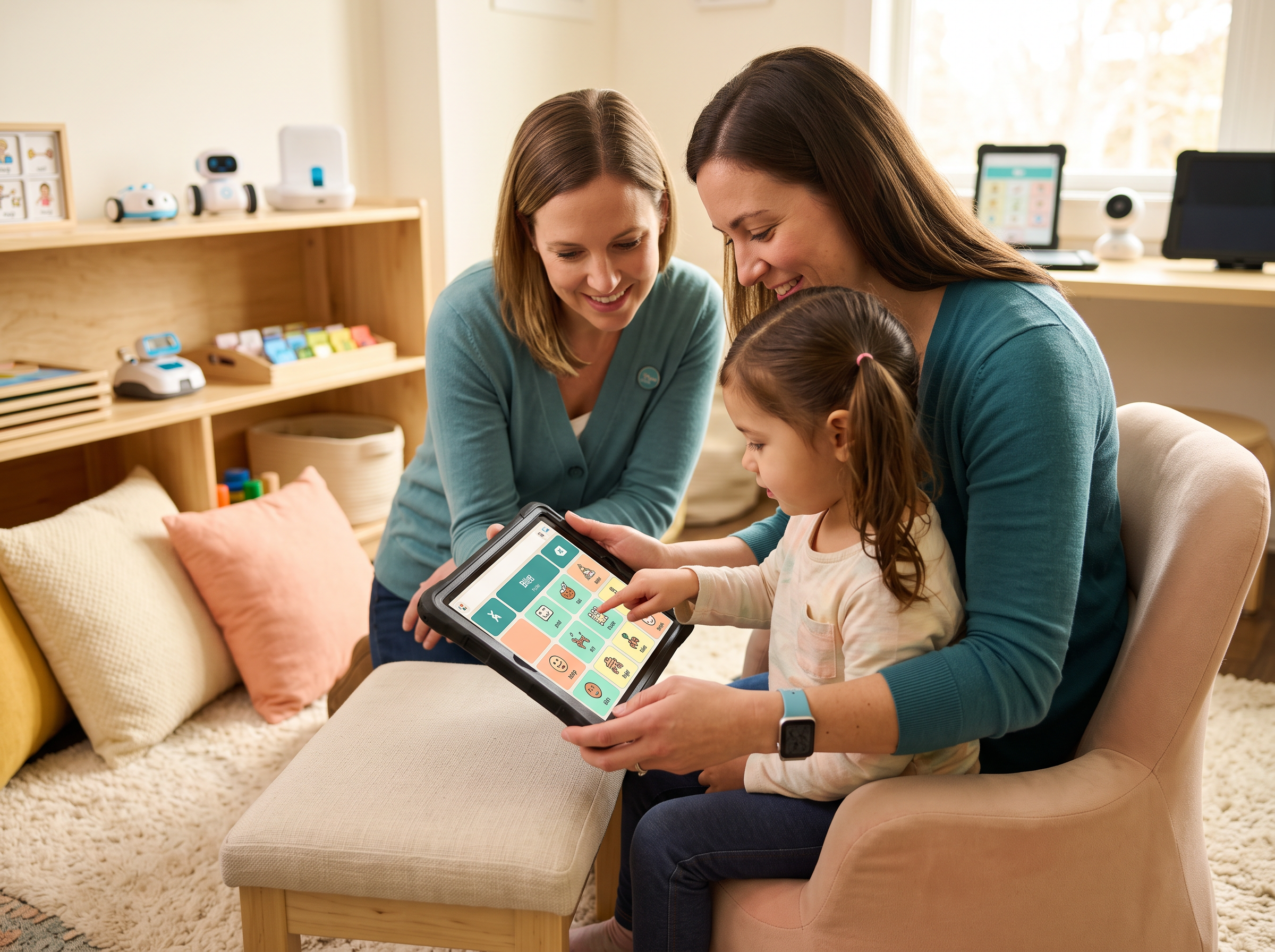 Two caregivers helping a young girl use a tablet with a colorful communication app in a bright, warm therapy room, symbolizing technology and care