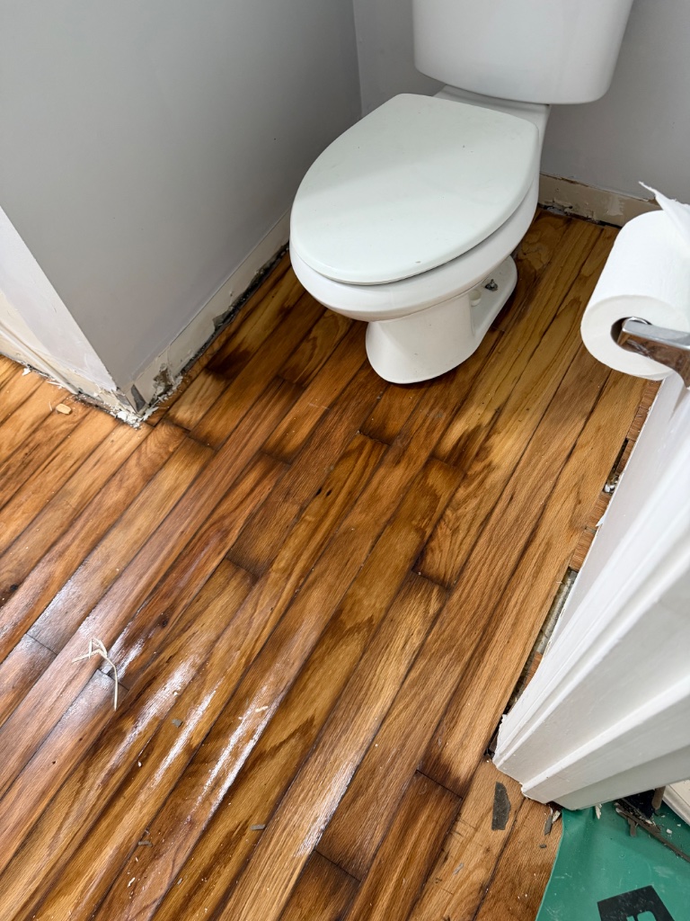 Bathroom floor water damage — toilet leak causing structural deterioration