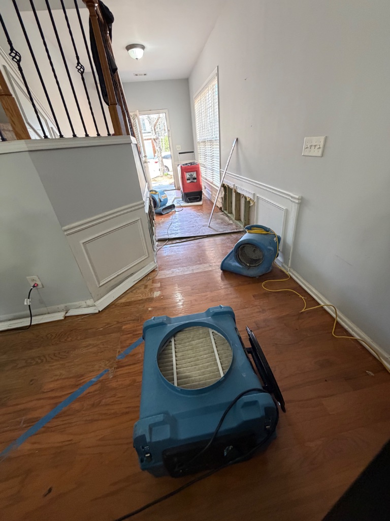 Multiple air movers and dehumidifier — hallway flood drying