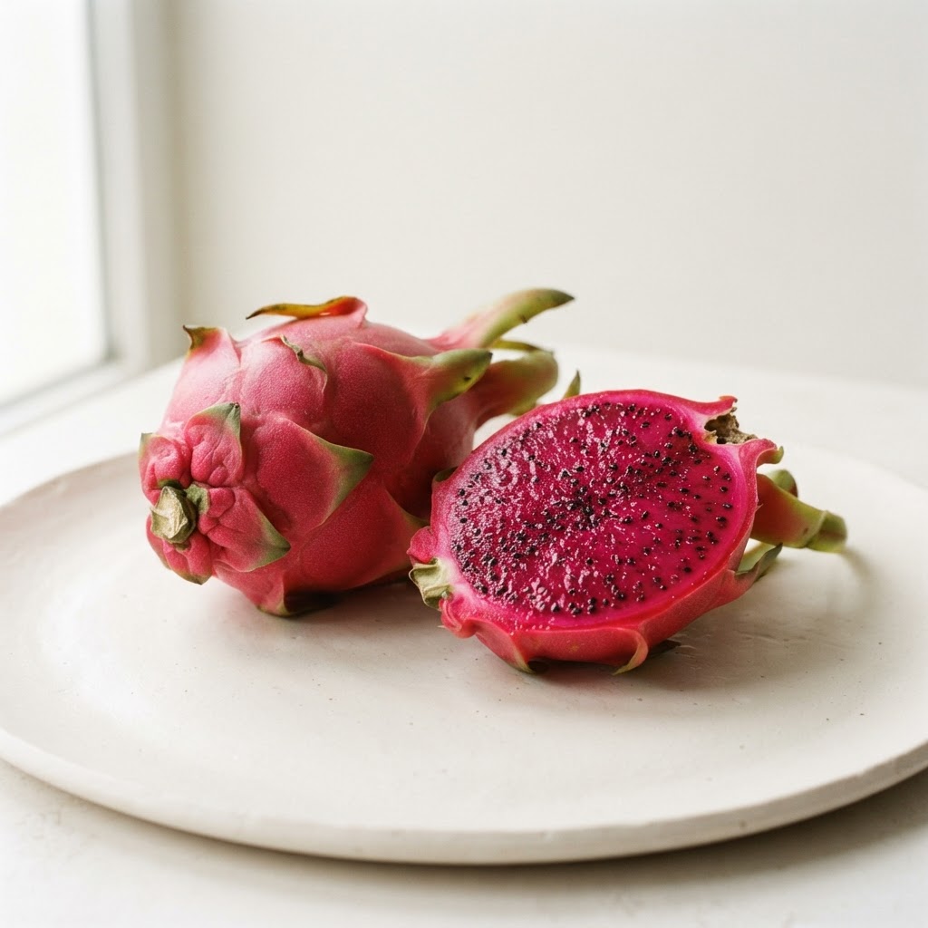 Red dragon fruit cut open showing vivid red flesh