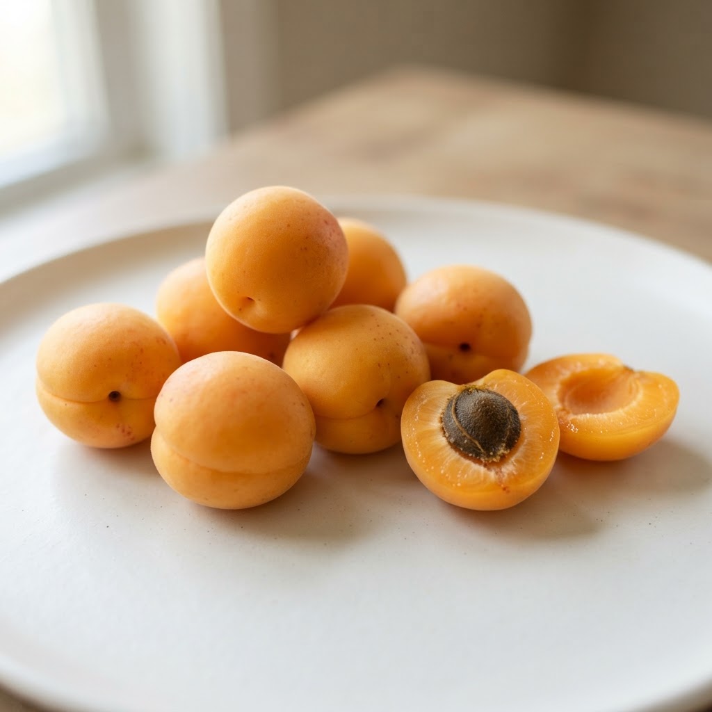 Fresh apricots, one halved to show the stone
