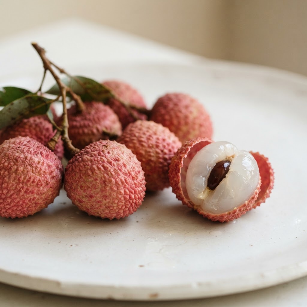 Fresh lychee fruit, one peeled to show the white flesh