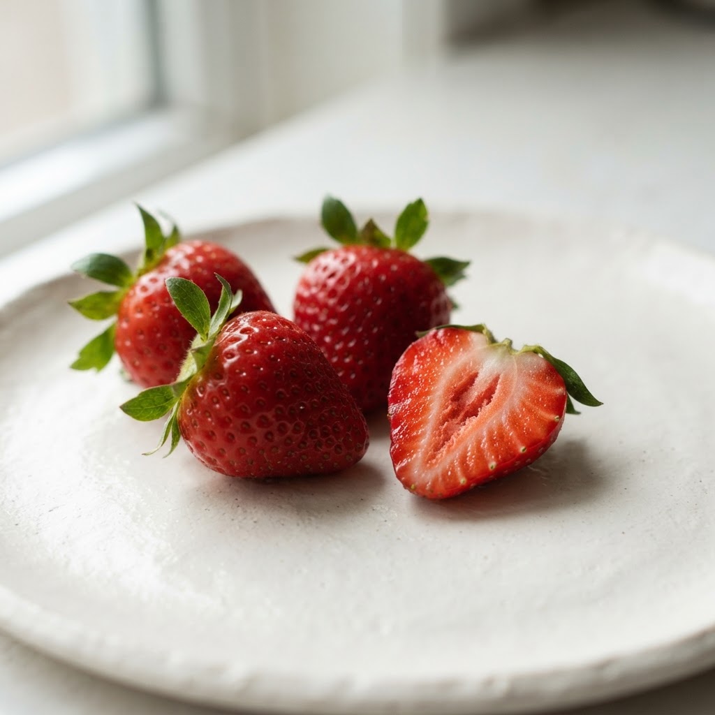 Fresh strawberries, one halved