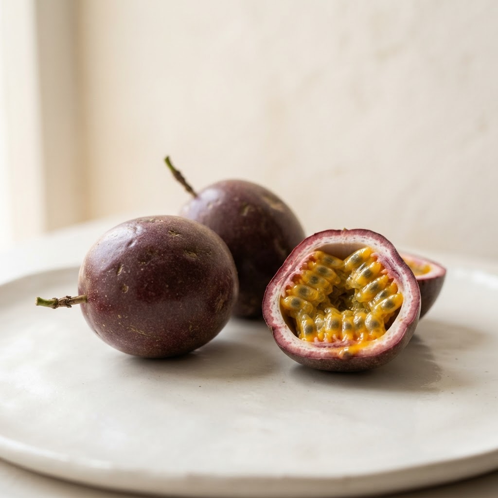 Fresh passion fruit, one halved to show the seeded interior