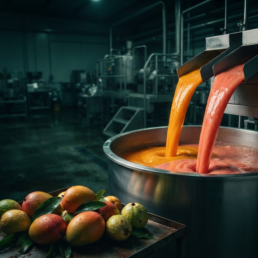Fruit purée being poured with fresh mangoes