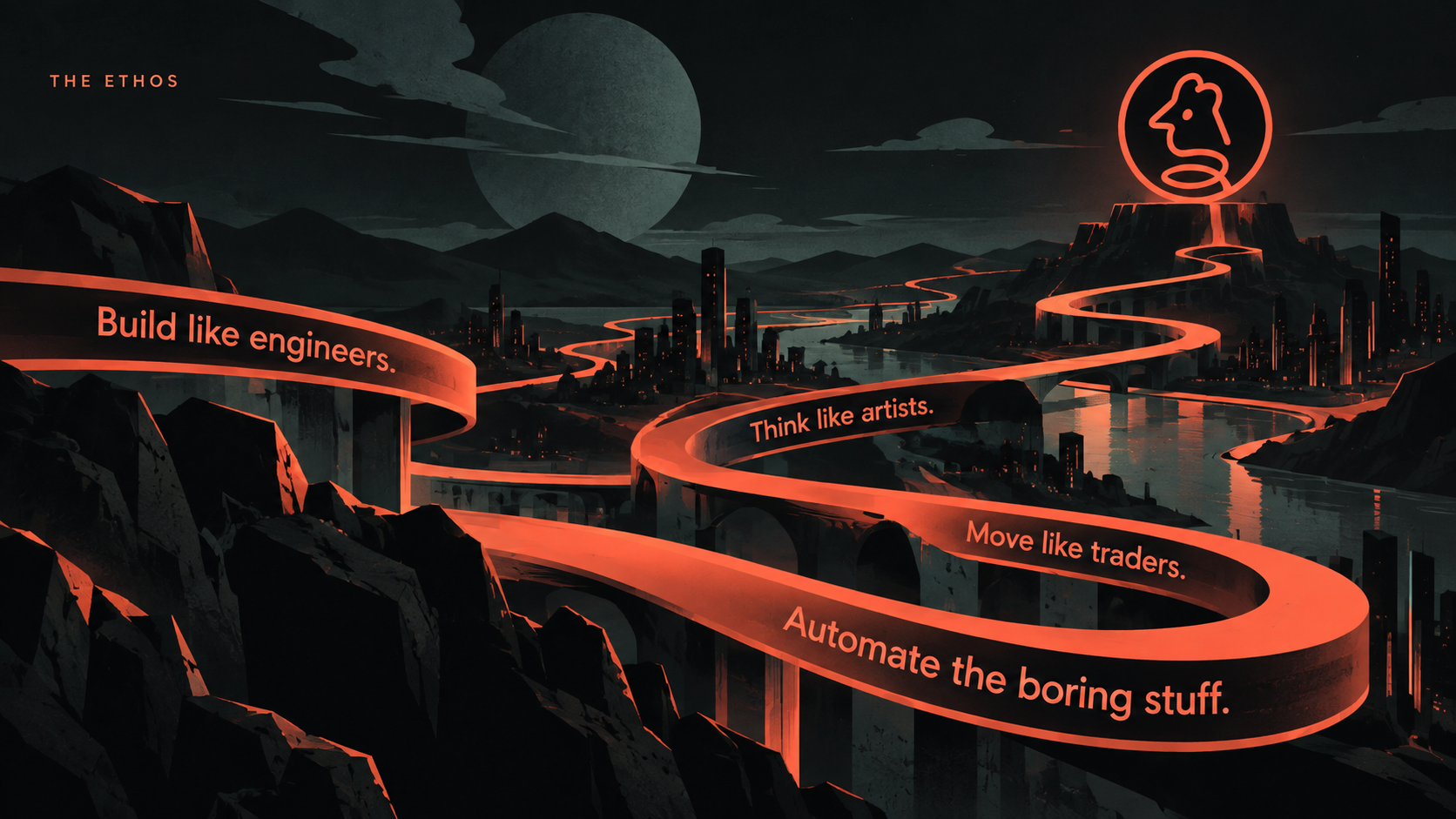 The ethos: build like engineers, think like artists, move like traders, automate the boring stuff