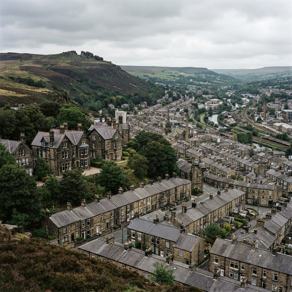 Ilkley and Keighley mix of stone Victorian villas on the edge of Ilkley Moor and stone terraced housing with pitched slate roofs