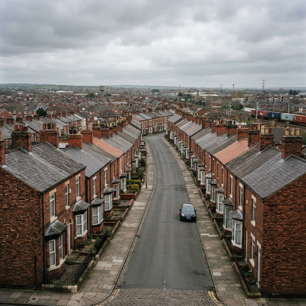 Crewe, Cheshire, a railway town with rows of red-brick Victorian terraced housing built for the railway works with pitched slate and clay tile roofs and chimney stacks, flat Cheshire landscape