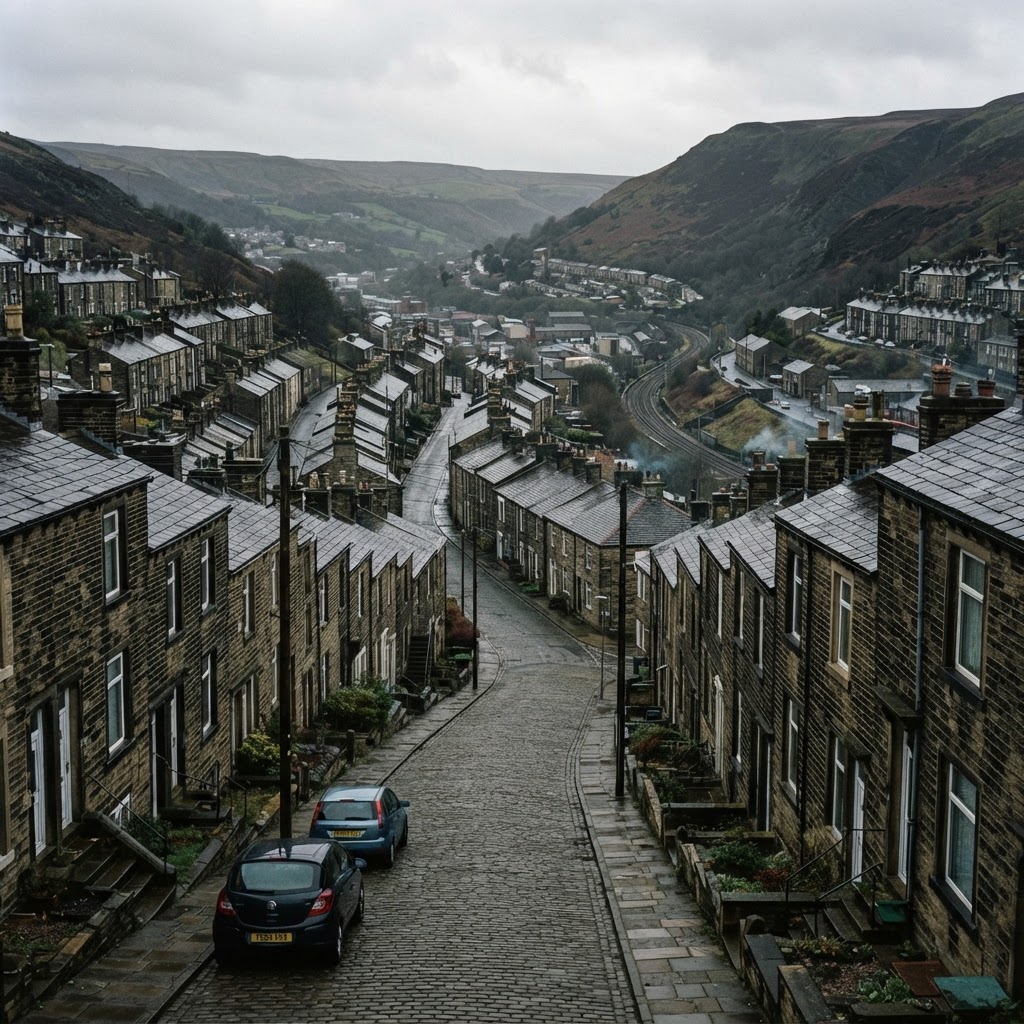 Todmorden and Walsden traditional stone-built Pennine mill-town terraced housing with pitched slate roofs and chimney stacks, valley streetscape