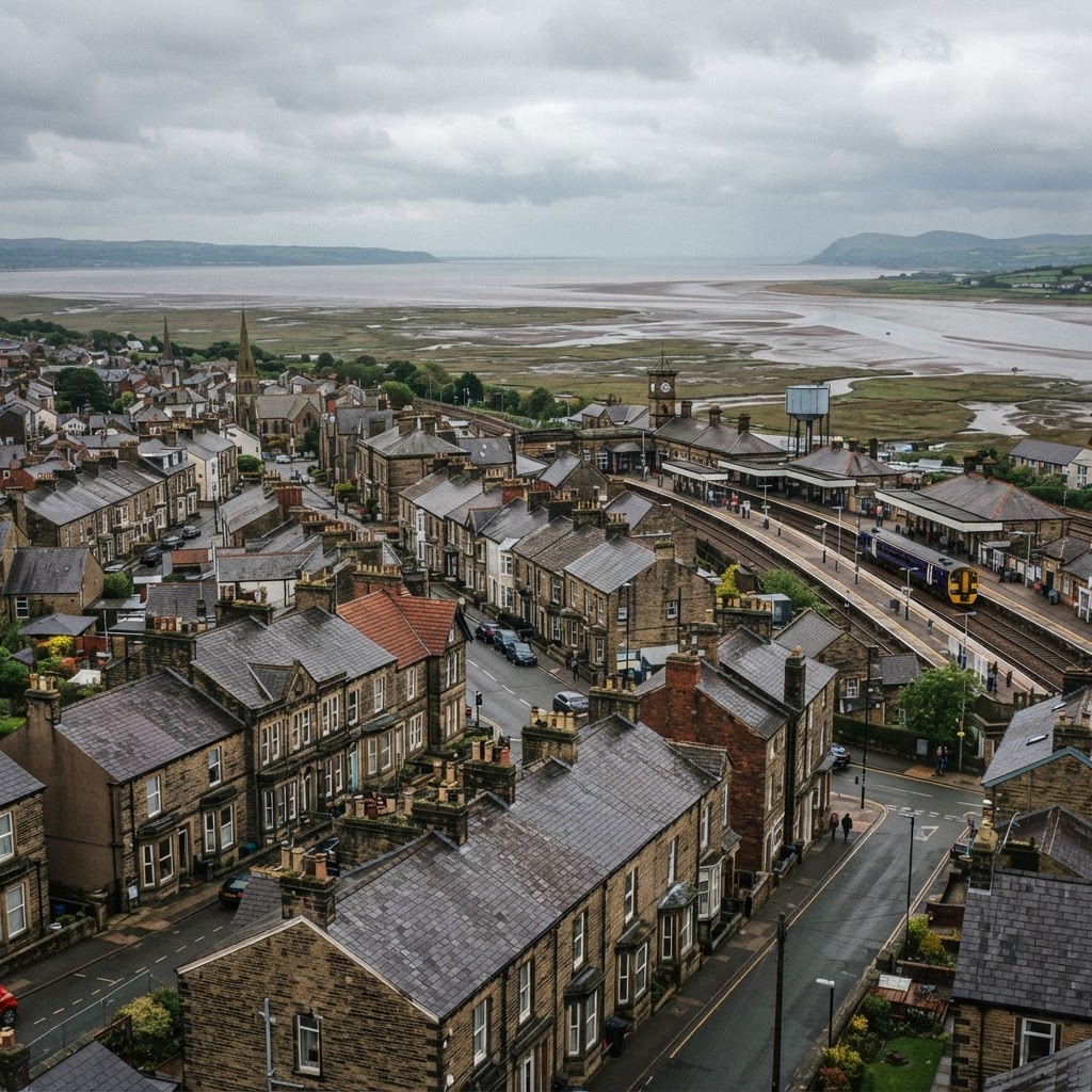 Carnforth, Lancashire, a railway town near Morecambe Bay showing a mix of Victorian and Edwardian properties with slate and tiled pitched roofs and chimney stacks, the historic railway station visible, coastal proximity to the Kent estuary with salt marsh in the distance