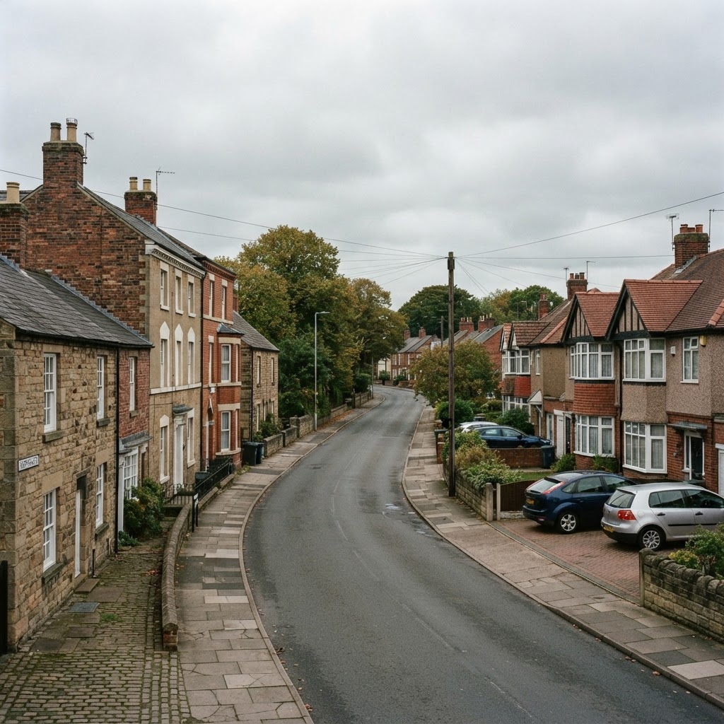 Thorne, Hatfield and Tickhill mix of traditional brick and stone-built market town housing, Georgian townhouses and 1930s semi-detached homes with pitched slate and tiled roofs, lowland town streetscape