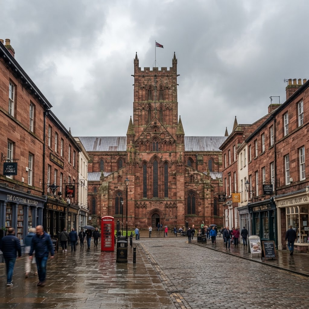 Carlisle city centre with cathedral and sandstone buildings