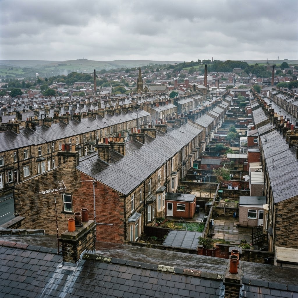 Redbrick Victorian terraced housing rooftops in Burnley