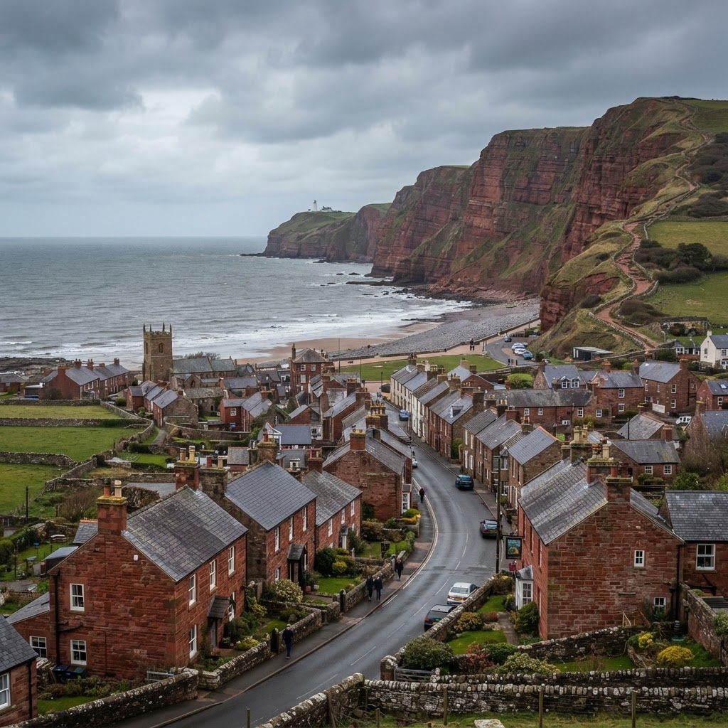St Bees village with red sandstone cottages and slate roofs near the coast