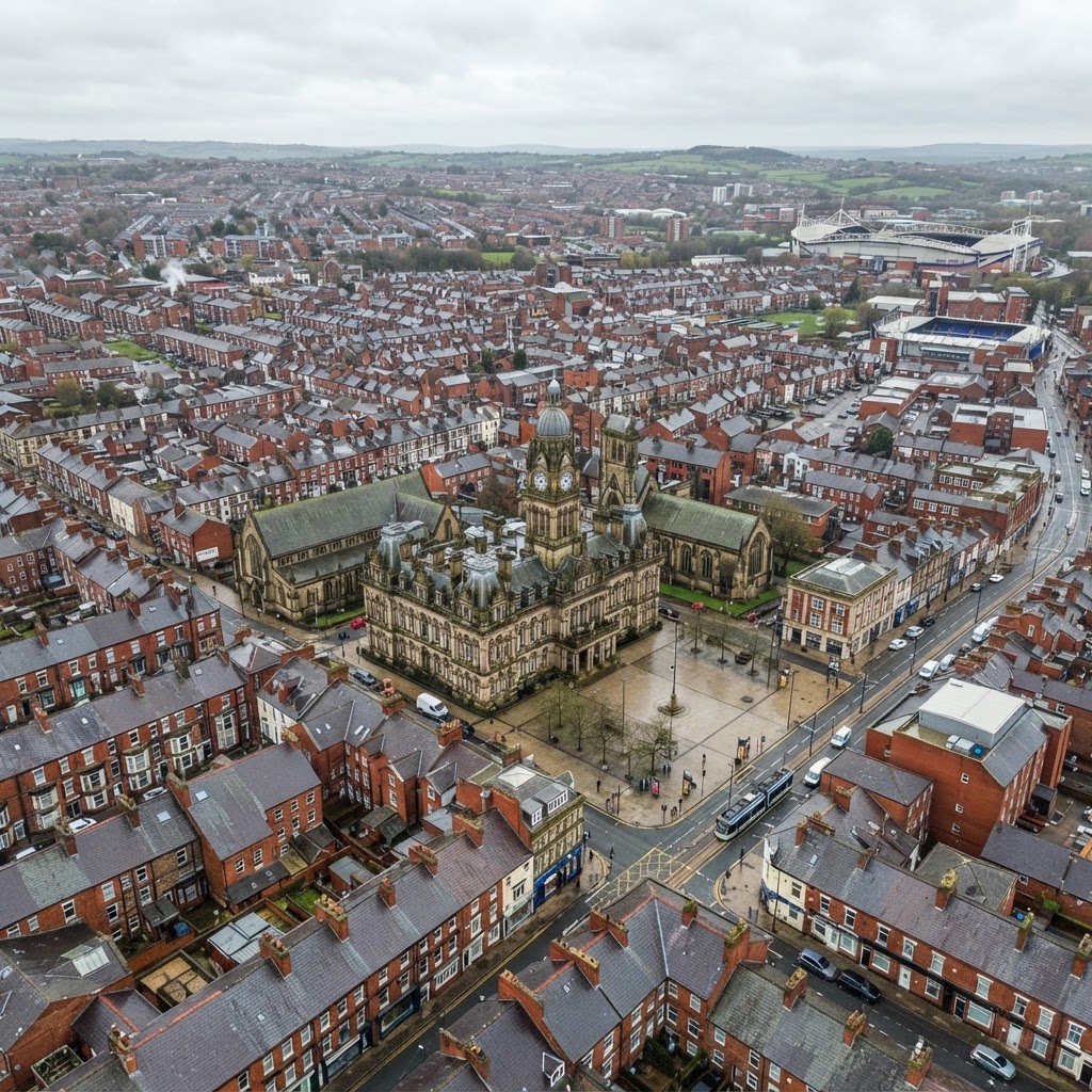 Bolton town centre with the Victorian town hall and civic buildings, red-brick terraced housing rooftops with slate and clay tile roofs and chimney stacks