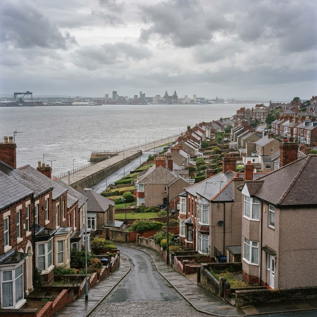 The Wirral peninsula, Merseyside, coastal suburban housing overlooking the Mersey estuary, a mix of Victorian terraces and inter-war semis with pitched tiled roofs and chimney stacks, flat estuary horizon