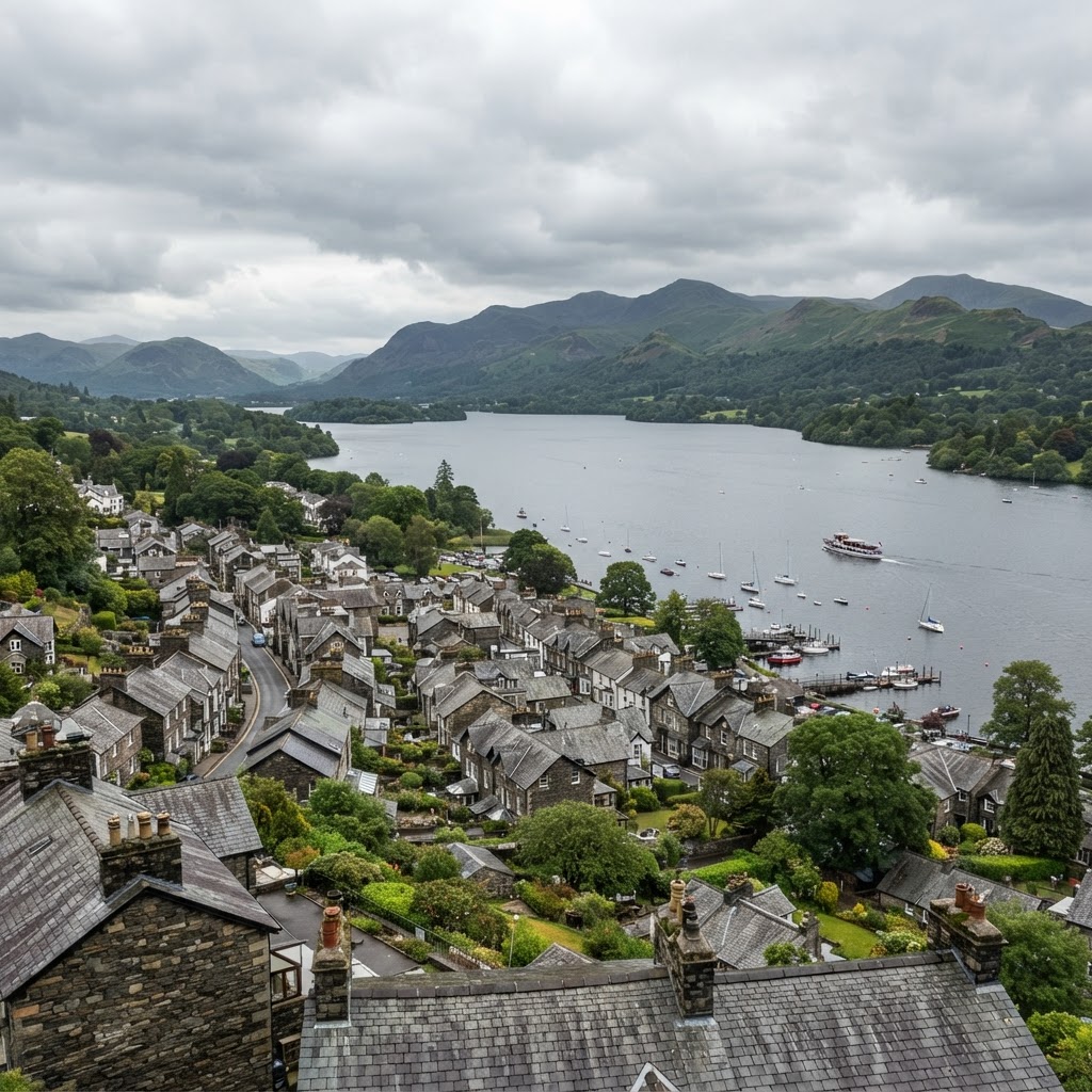 Windermere lake and village with slate-roofed stone houses and distant fells