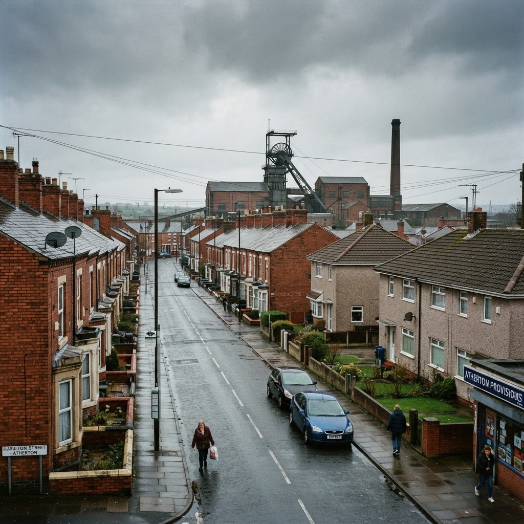 Atherton, Greater Manchester, a former coal mining and nail making town showing a mix of Victorian red-brick terraces and post-war semi-detached houses with slate and tiled pitched roofs, flat Lancashire plain setting, former colliery heritage visible