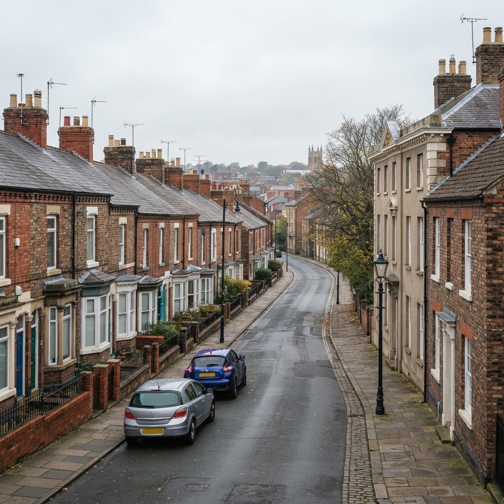 Doncaster mix of Victorian and Edwardian brick-built terraced housing and Georgian town properties with pitched slate and tiled roofs and chimney stacks, former railway and market town streetscape