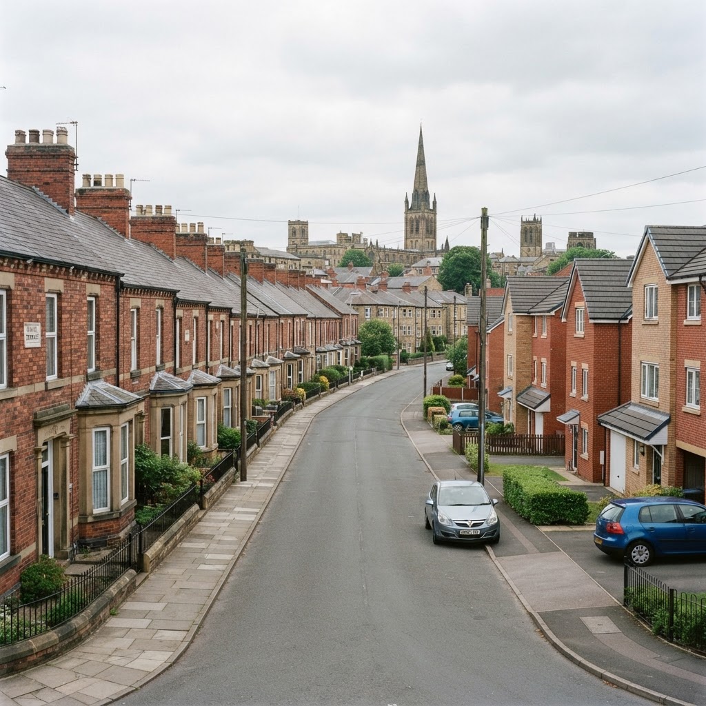 Wakefield city centre with a mix of Victorian brick-built terraced housing and modern suburban homes with pitched slate and tiled roofs