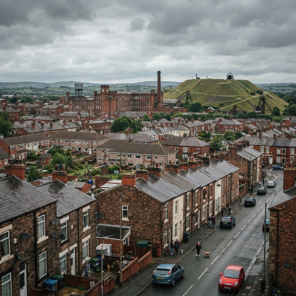 Tyldesley, Greater Manchester, a former coal mining and cotton mill town showing Victorian terraced housing and post-war semis with slate and tiled pitched roofs and chimney stacks, former pit bank and mill buildings visible in the landscape