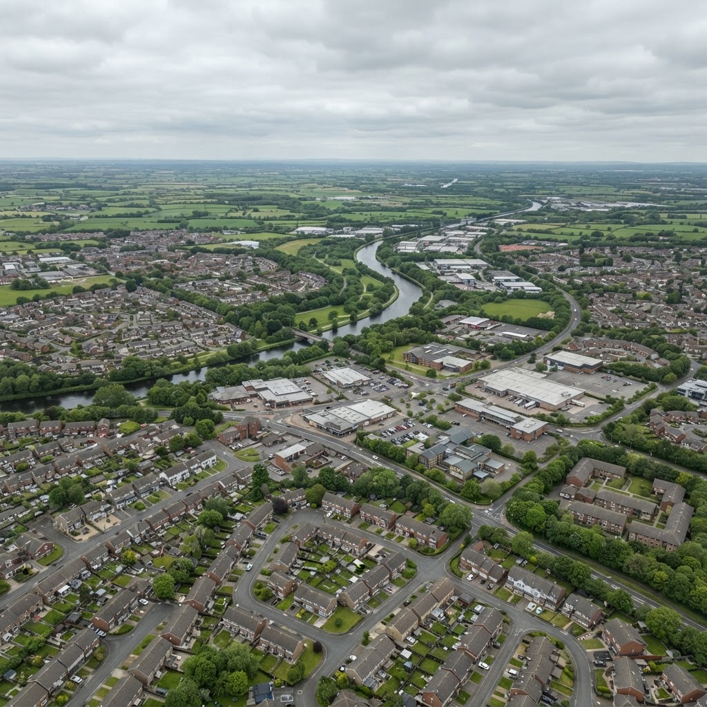 Winsford, Cheshire, a newer Cheshire town showing post-war and modern housing estates with interlocking concrete tiled roofs and some flat-roofed commercial buildings, the River Weaver flowing through