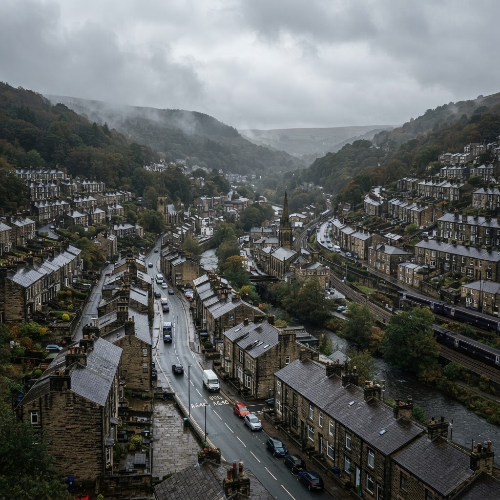 Hebden Bridge and Mytholmroyd traditional stone-built Pennine terraced housing on steep valley sides with pitched slate roofs and chimney stacks, valley town streetscape