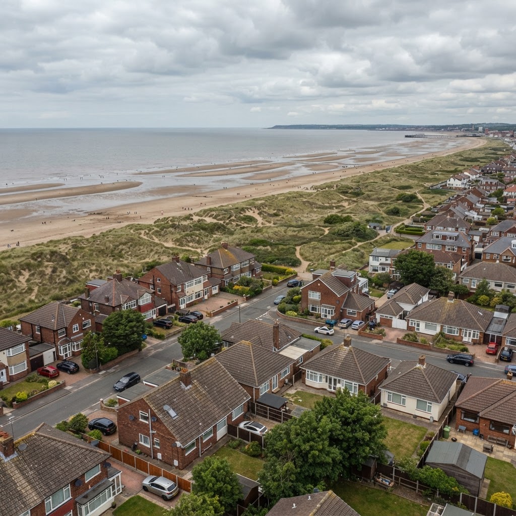 Coastal residential rooftops near Ainsdale beach and dunes