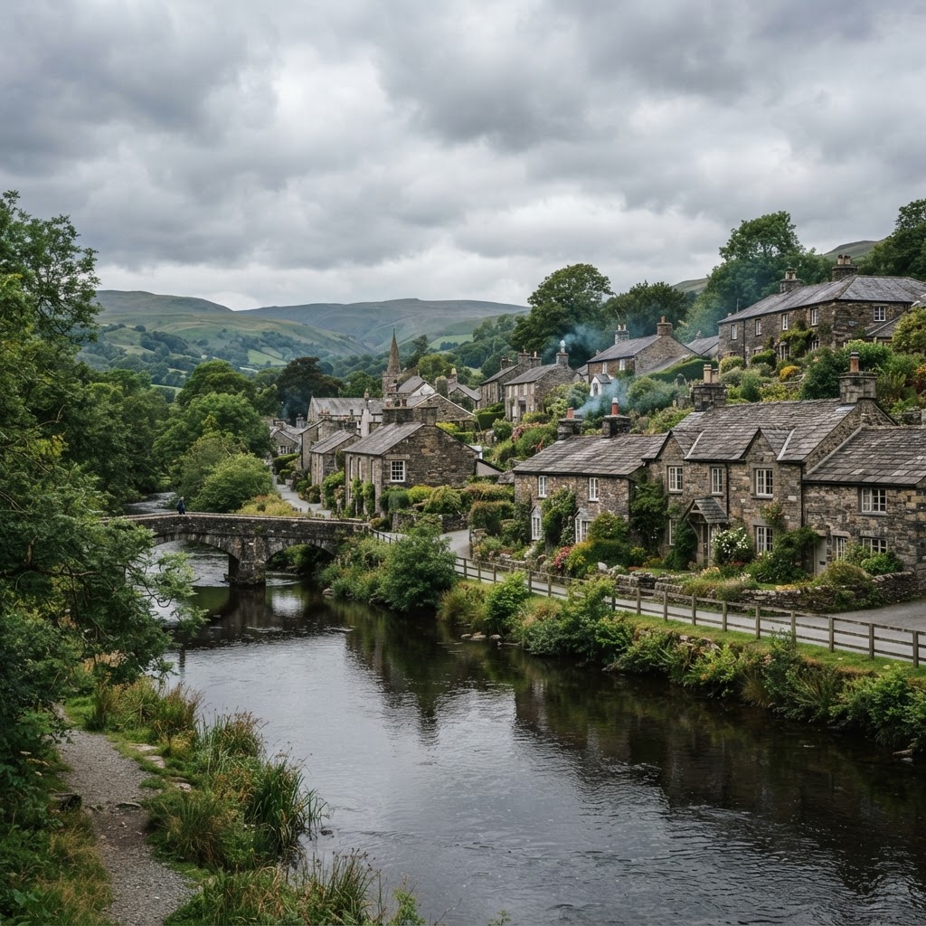 Papcastle village with stone cottages and slate roofs by the river
