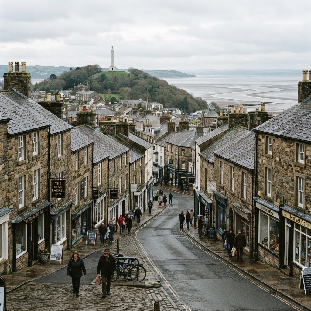 Ulverston, Cumbria, a historic market town near Morecambe Bay showing stone-built Georgian and Victorian properties with slate roofs and chimney stacks along narrow streets, the Hoad Monument on Hoad Hill visible in the background, coastal and estuary setting