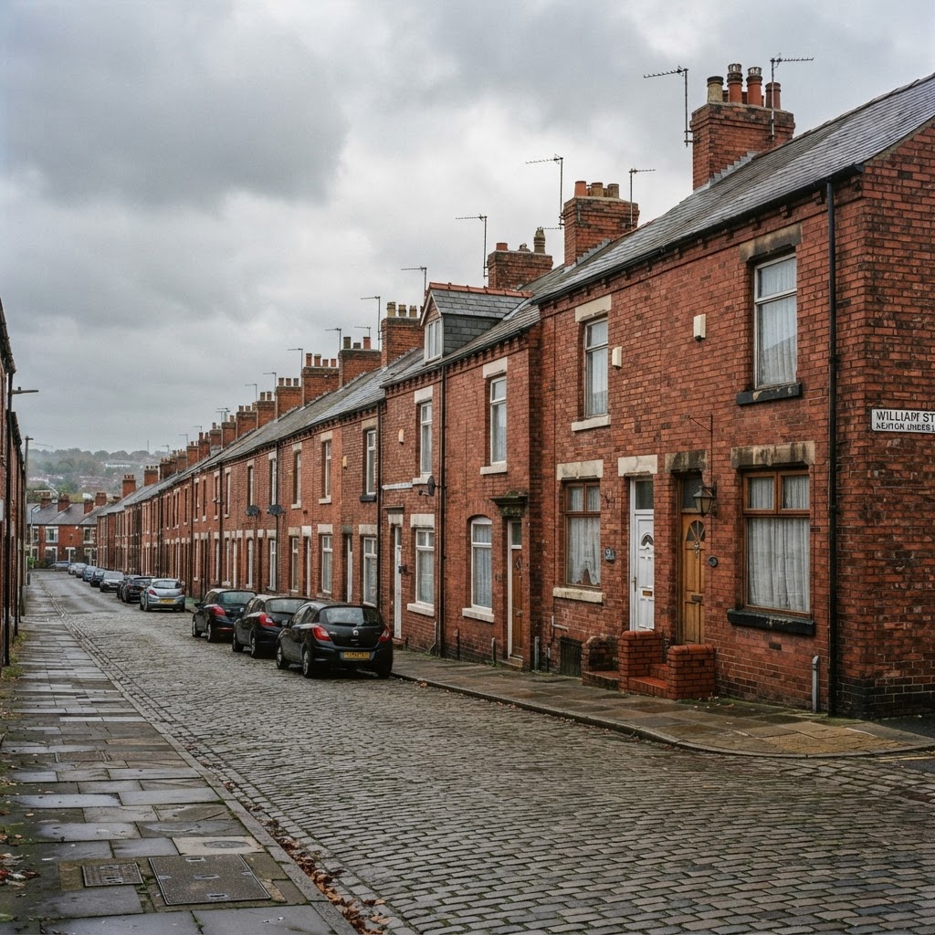 Ashton-under-Lyne, Greater Manchester β rows of red-brick Victorian mill-town terraced housing with pitched slate and clay tile roofs and chimney stacks